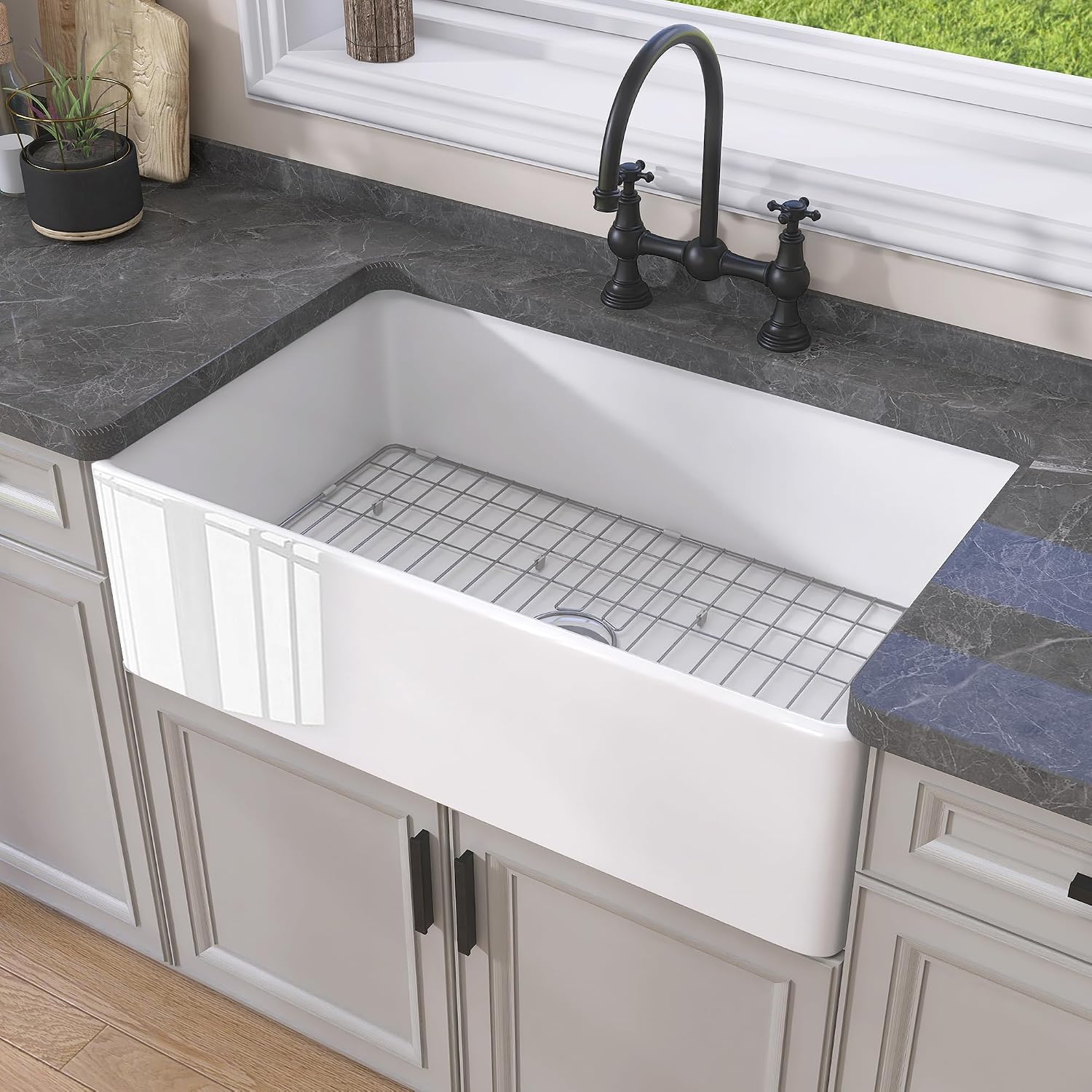 GETPRO 30 Inch White Fireclay Apron Front Farmhouse Kitchen Sink