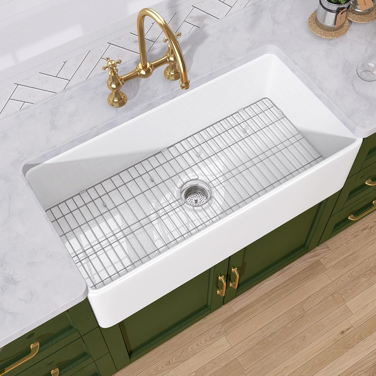 TUKTUK 36 Inch White Fireclay Farmhouse Sink, Apron Front, Single Bowl