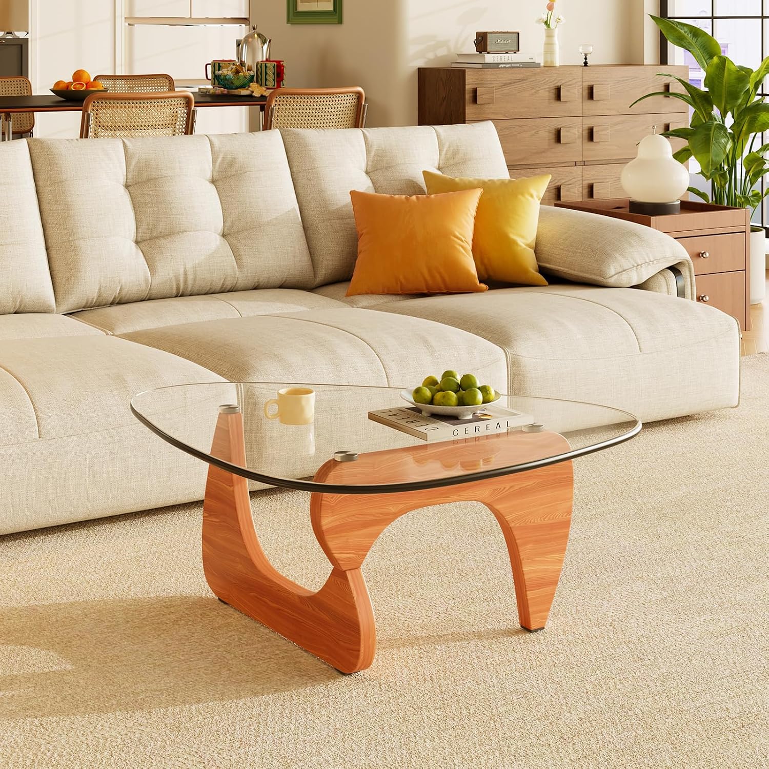 Small Farmhouse Glass Coffee Table, Mid-Century Modern Wood Center Table