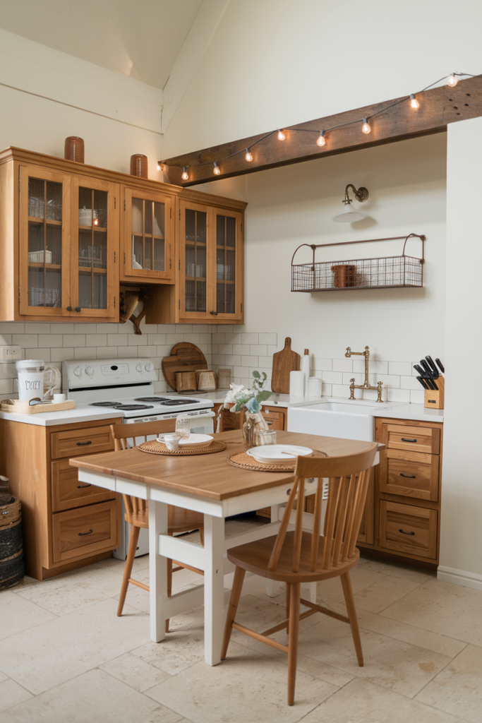 Compact round farmhouse table suited for smaller kitchens