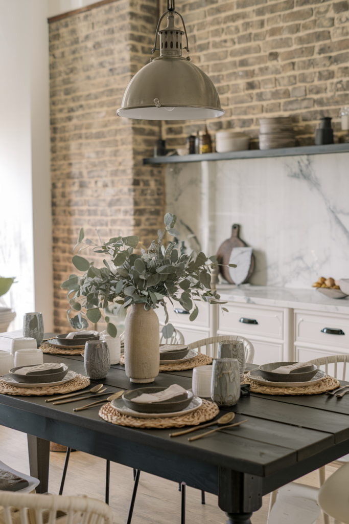 Farmhouse dining table with a dark, moody wood finish