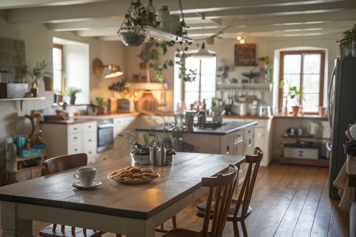 Cozy rustic farmhouse kitchen featuring a wooden dining table