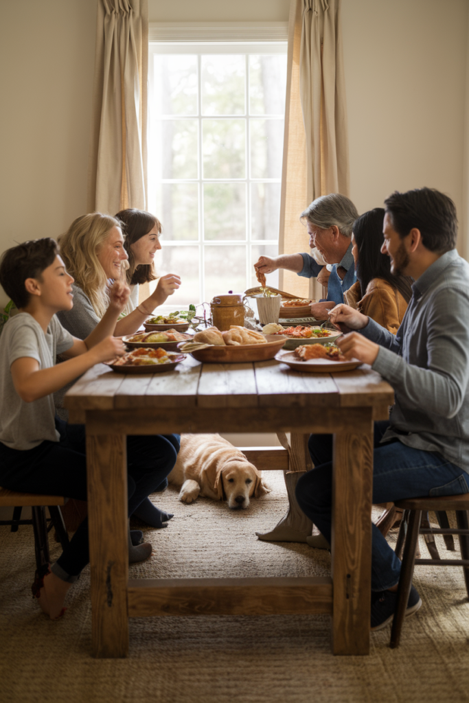 Farmhouse dining table anchoring a warm kitchen space