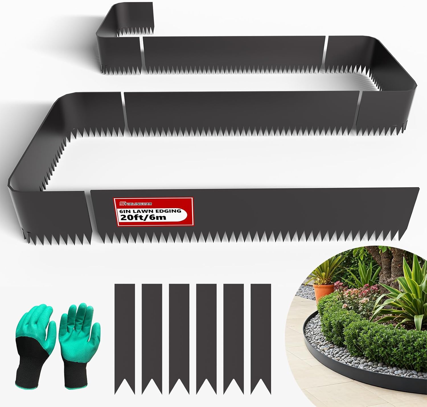 Galvanized Steel Landscape Edging, 20 ft, 6 Pack, 40 x 6 Inch, with Stakes