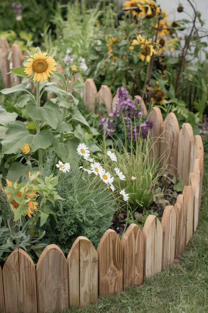 Wood edging bringing natural warmth to a flower bed border