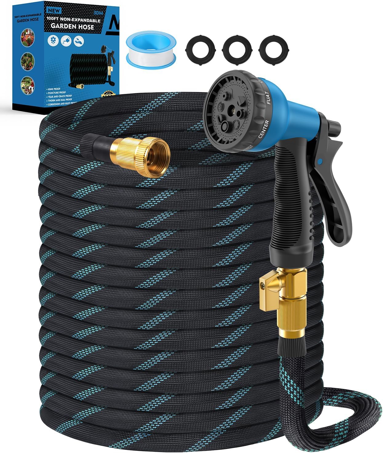 100 ft Burst-Resistant Garden Hose with 8-Mode Nozzle, 3/4 Inch