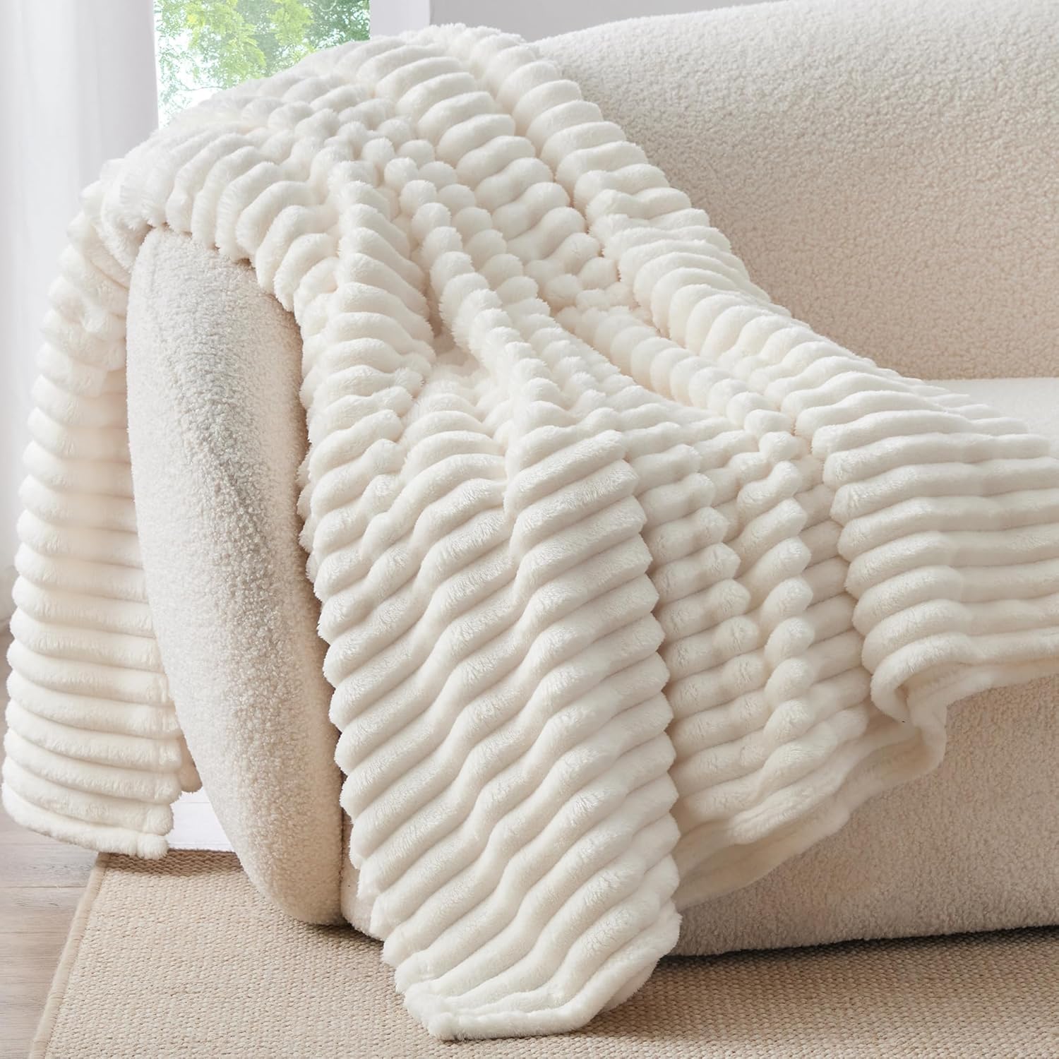 BEDELITE Ribbed Fleece Throw Blanket for Couch, Cream, 50 x 60 Inch