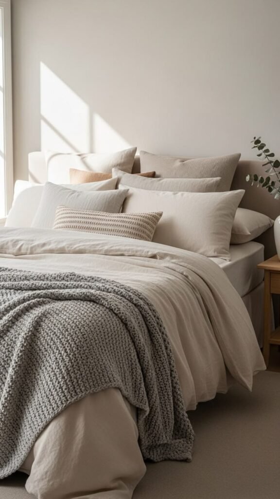 Bed with deliberately layered bedding for added depth