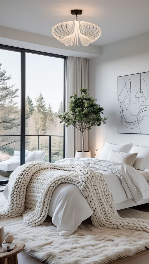 Chunky knit throw blanket adding texture to a styled bed