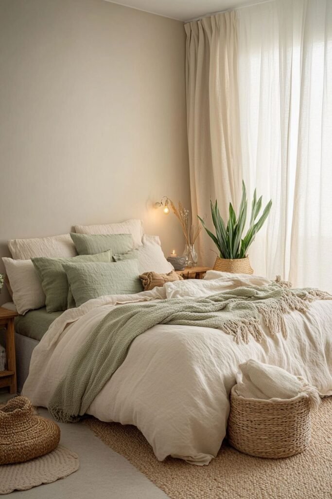 Cozy winter bedding setup with heavier layers and textures