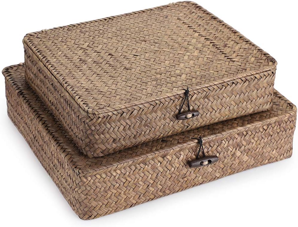 Hipiwe Flat Wicker Storage Baskets with Lids, Set of 2, Woven Seagrass
