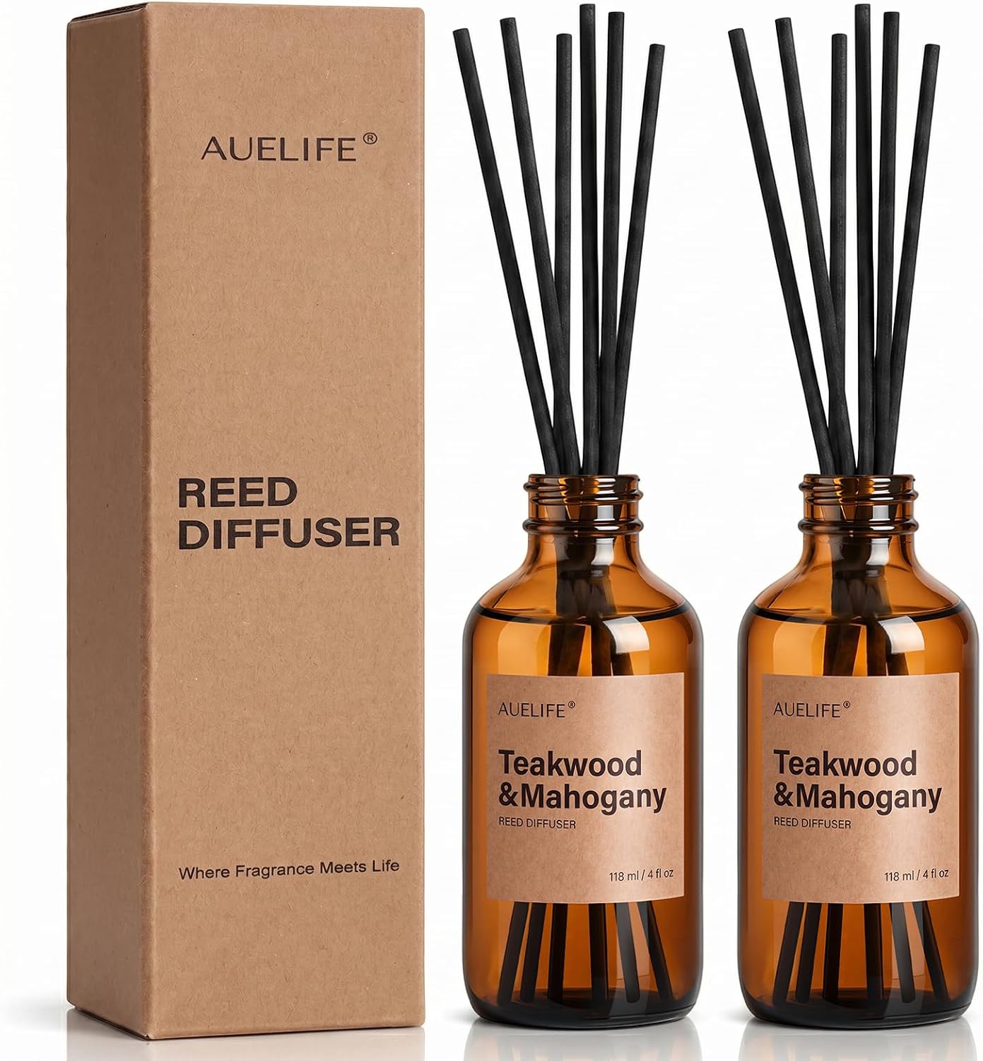 Auelife Teakwood and Mahogany Reed Diffuser Set, 2 Pack, 8 fl oz