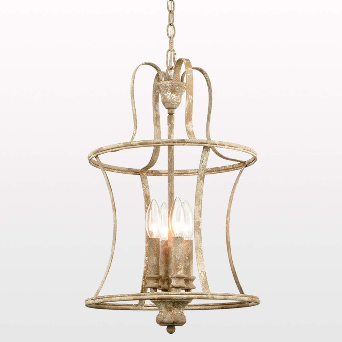 French Country 4-Light Distressed White Chandelier with Adjustable Chain