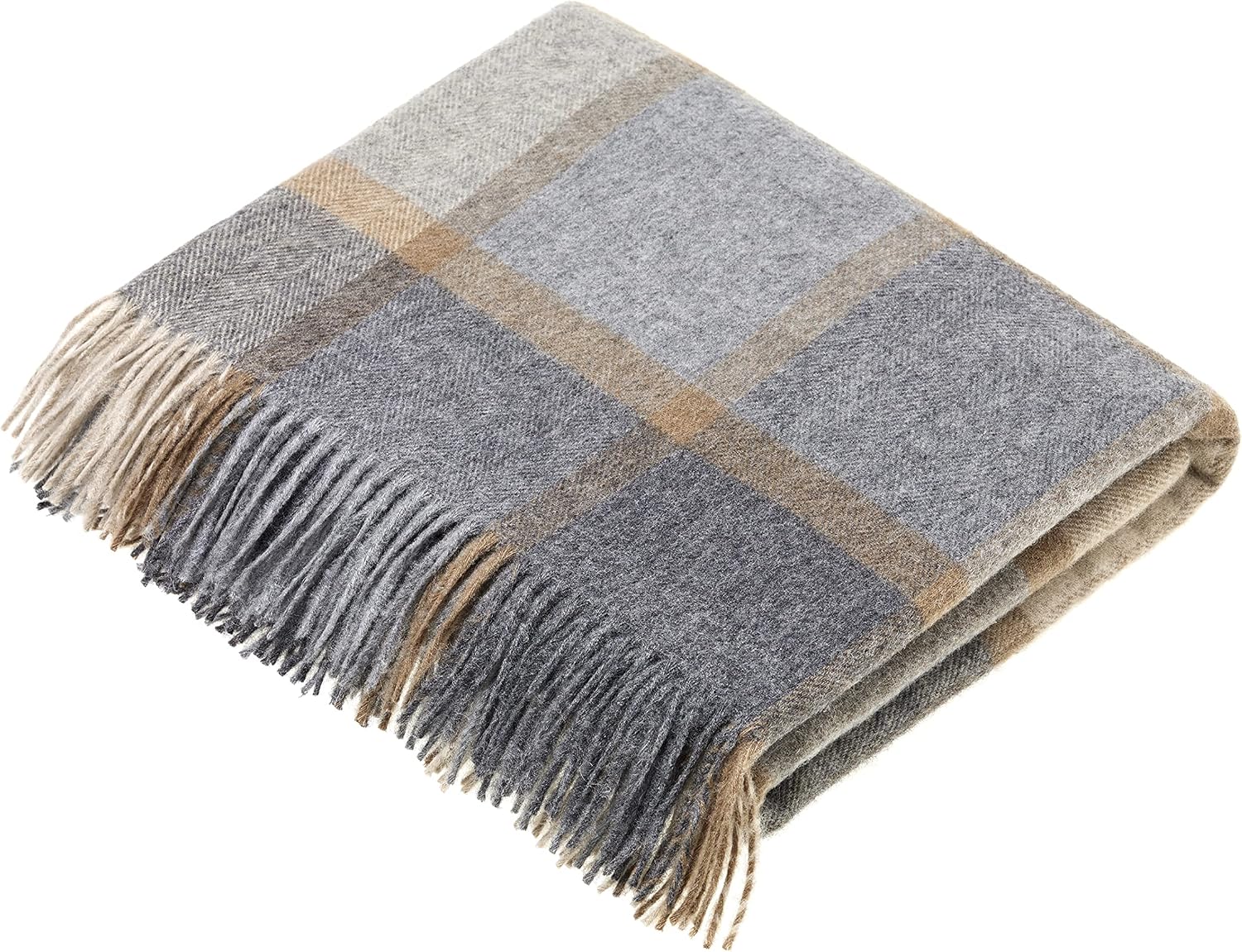 Moon Wool Plaid Throw Blanket, Merino Lambswool, Beige Grey, Made in UK
