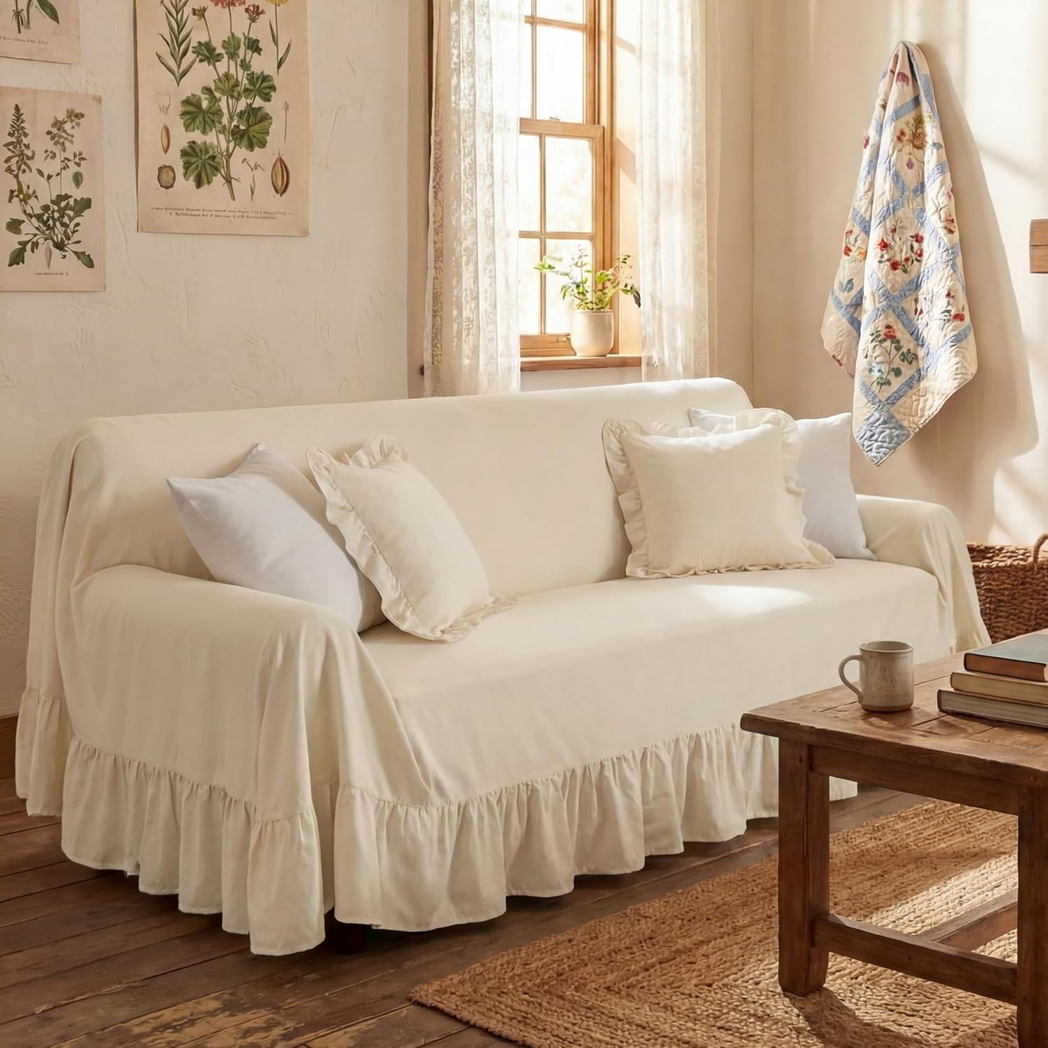 Beige Cottagecore Ruffle Couch Cover, 118 x 71 Inch