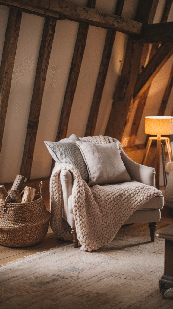 Layered cozy textures softening the room's wood elements