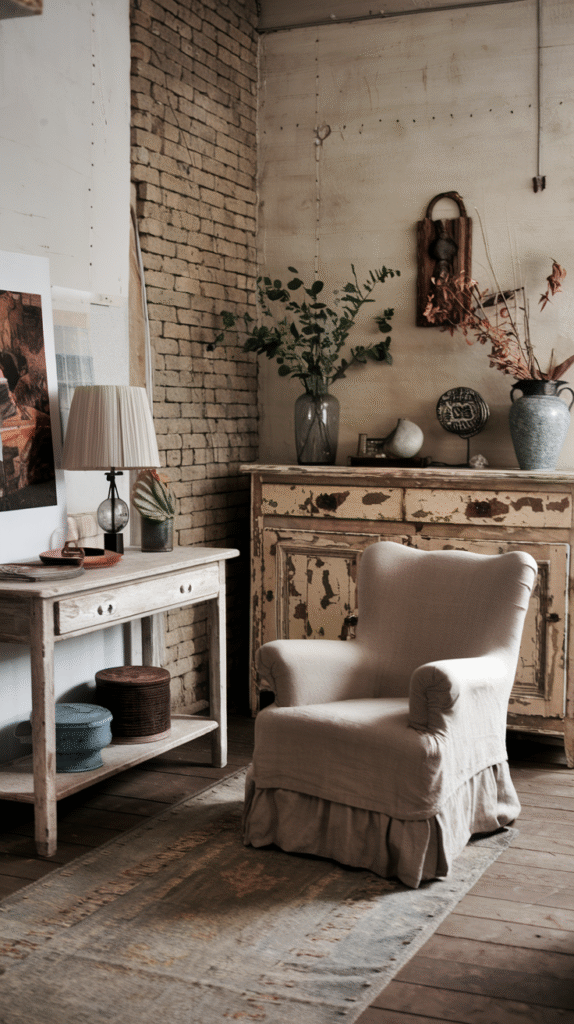 Distressed vintage furniture bringing authentic character to the room