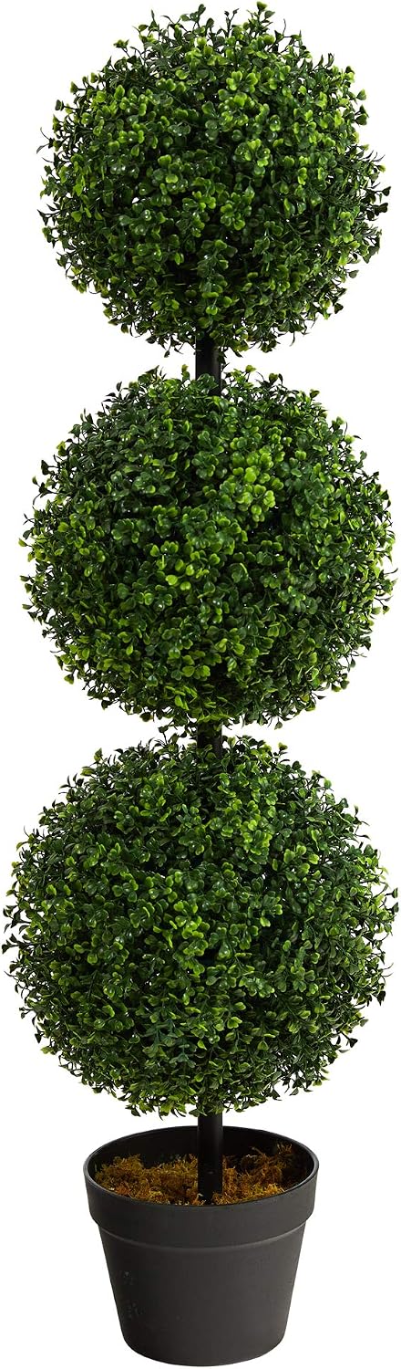 Nearly Natural 36 Inch Artificial Triple Ball Boxwood Topiary Tree with Pot