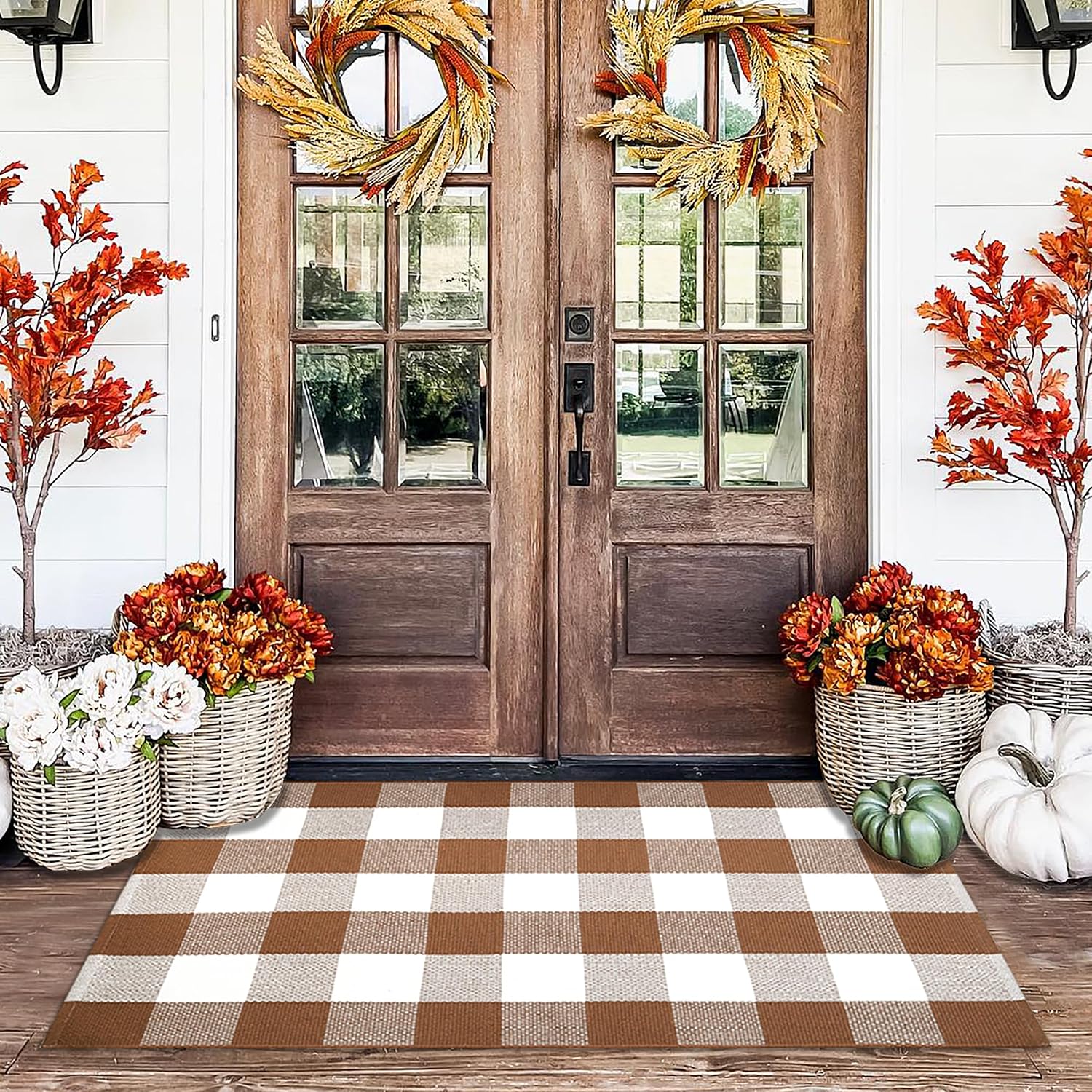 Homydecor Buffalo Plaid Outdoor Rug, 28 x 43 Inch, Coffee and White