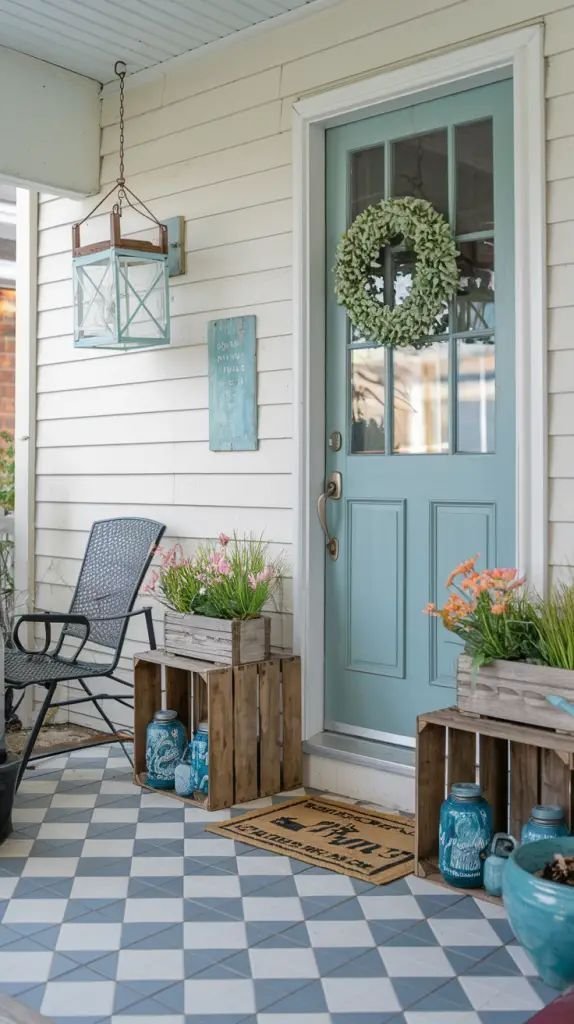 Soft teal front door with a greenery wreath, flanked by wood crates holding potted flowers and blue mason jars on a checkerboard-tile porch floor