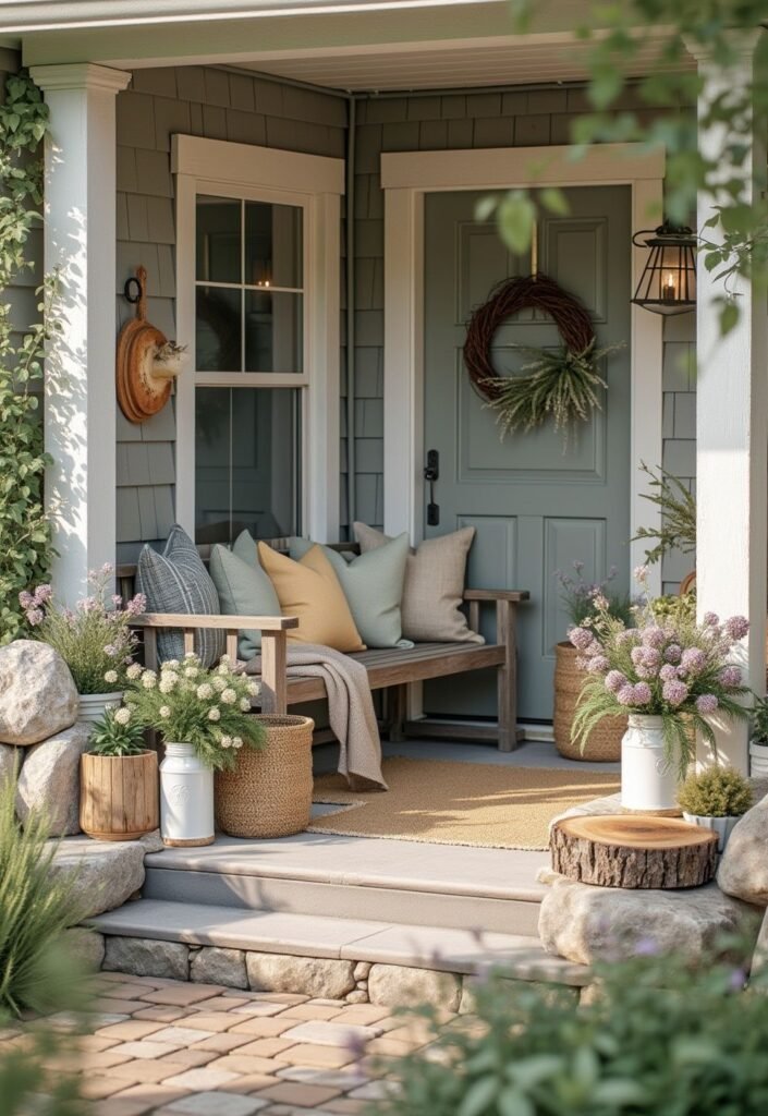 Covered porch corner with a sage green door, wreath, wall lantern and wood bench with pillows surrounded by potted florals and stone steps