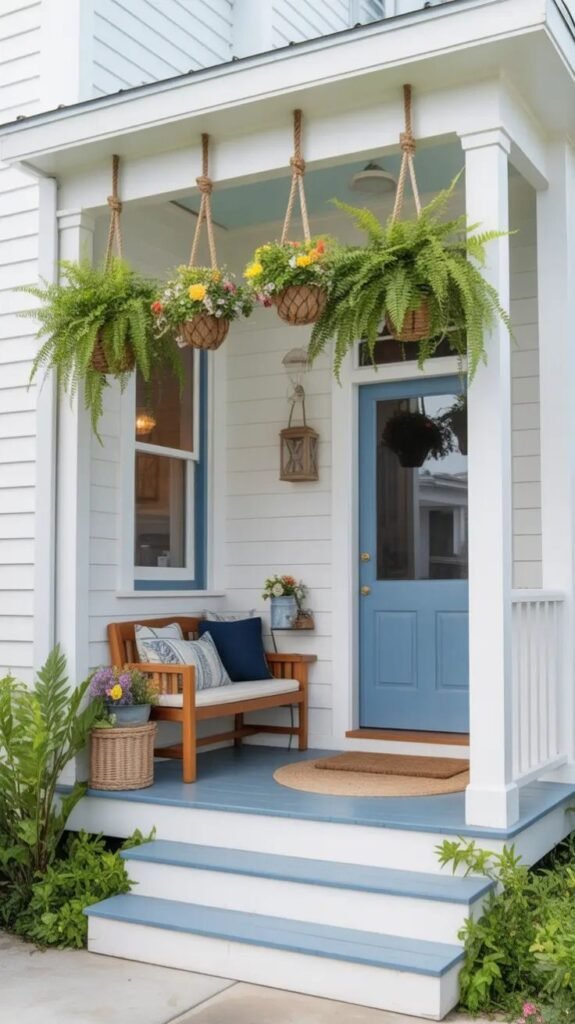 Small front porch with a seasonal wreath, layered pillows on a wood bench, a patterned rug and a lit lantern on a tree stump side table