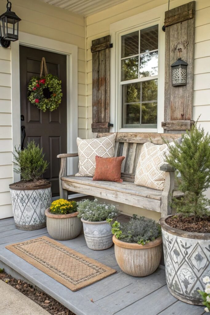 Weathered wood bench with patterned pillows on a porch surrounded by assorted ceramic planters, a wreath on a dark door and rustic wood shutters