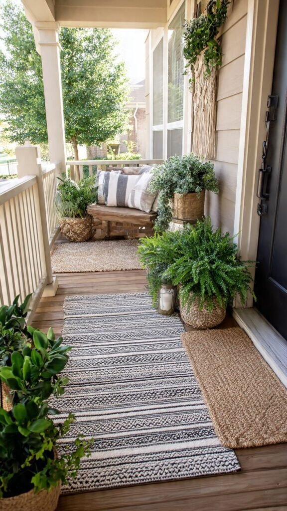 Black and white striped outdoor rug layered over a jute doormat on a porch with potted greenery and a wood bench