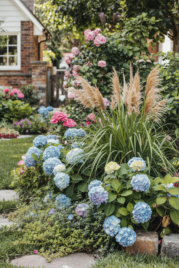 Layered plant beds creating depth and visual interest