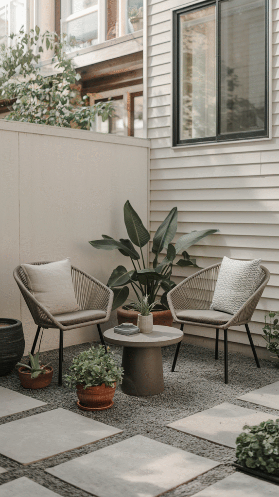Bold built-in bench anchoring a front yard sitting area