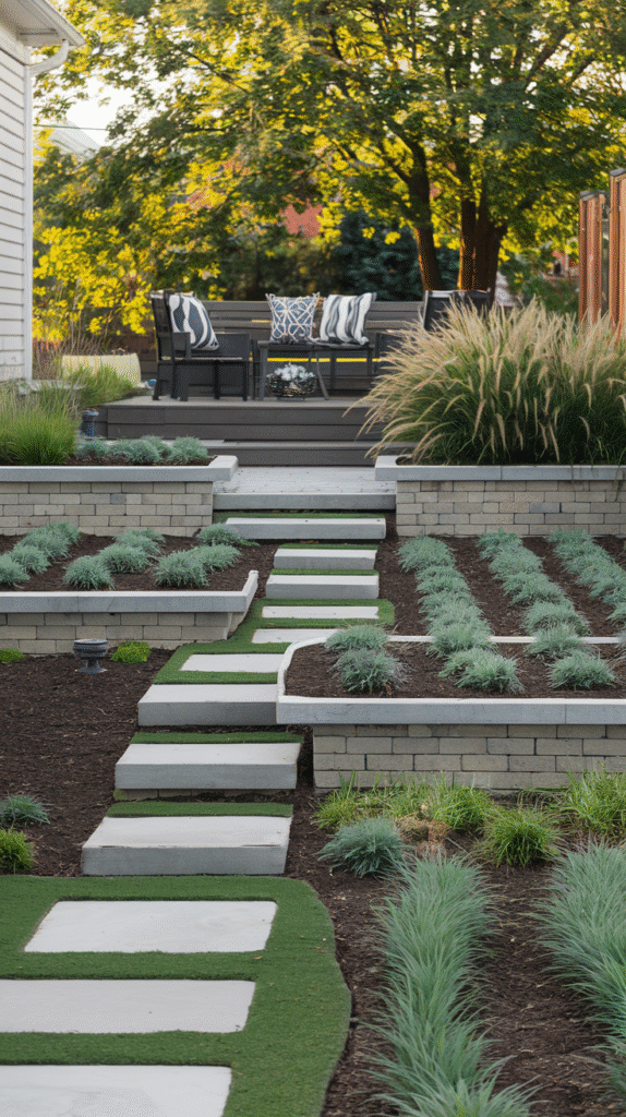 Plants framing and softening a front yard sitting area