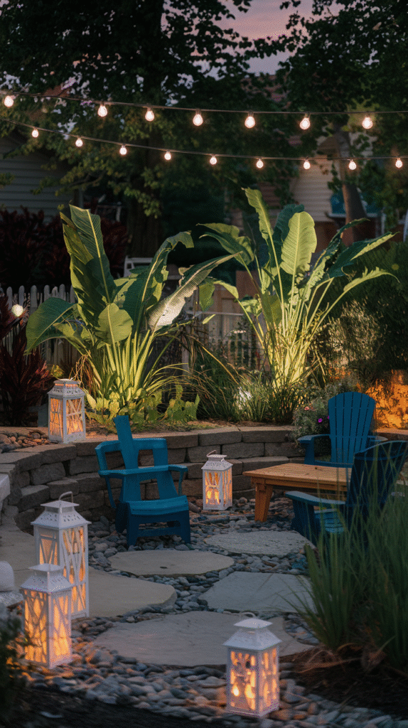 Warm lighting extending the use of a front yard sitting area
