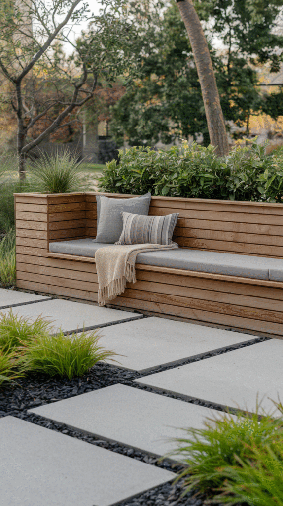 Natural materials creating a relaxed front yard sitting vibe