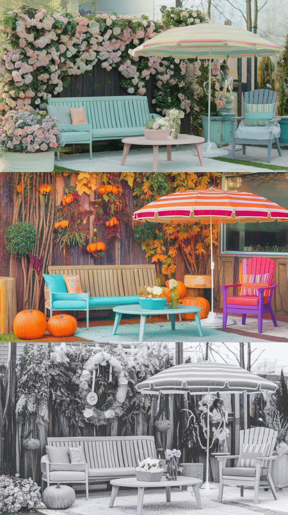 Seasonal styling keeping a front yard sitting area feeling fresh