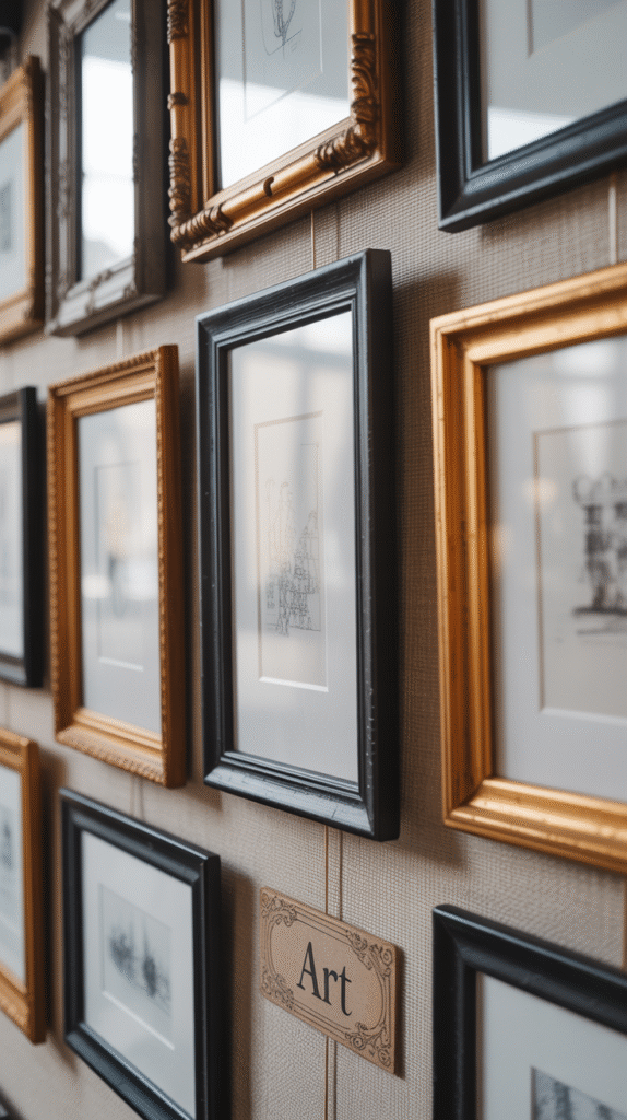 Mixed frame styles creating visual interest in a gallery wall