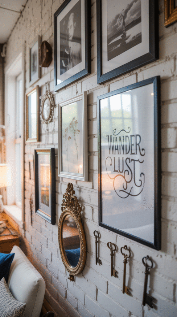Gallery wall featuring a mix of art, photos and decor objects