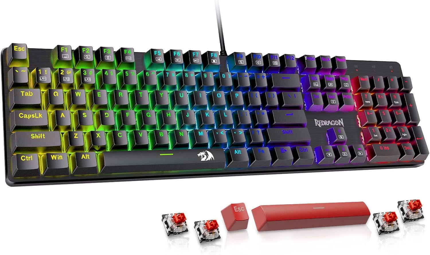 Redragon Mechanical Gaming Keyboard, Wired, Backlit, Hot-Swappable Red Switches