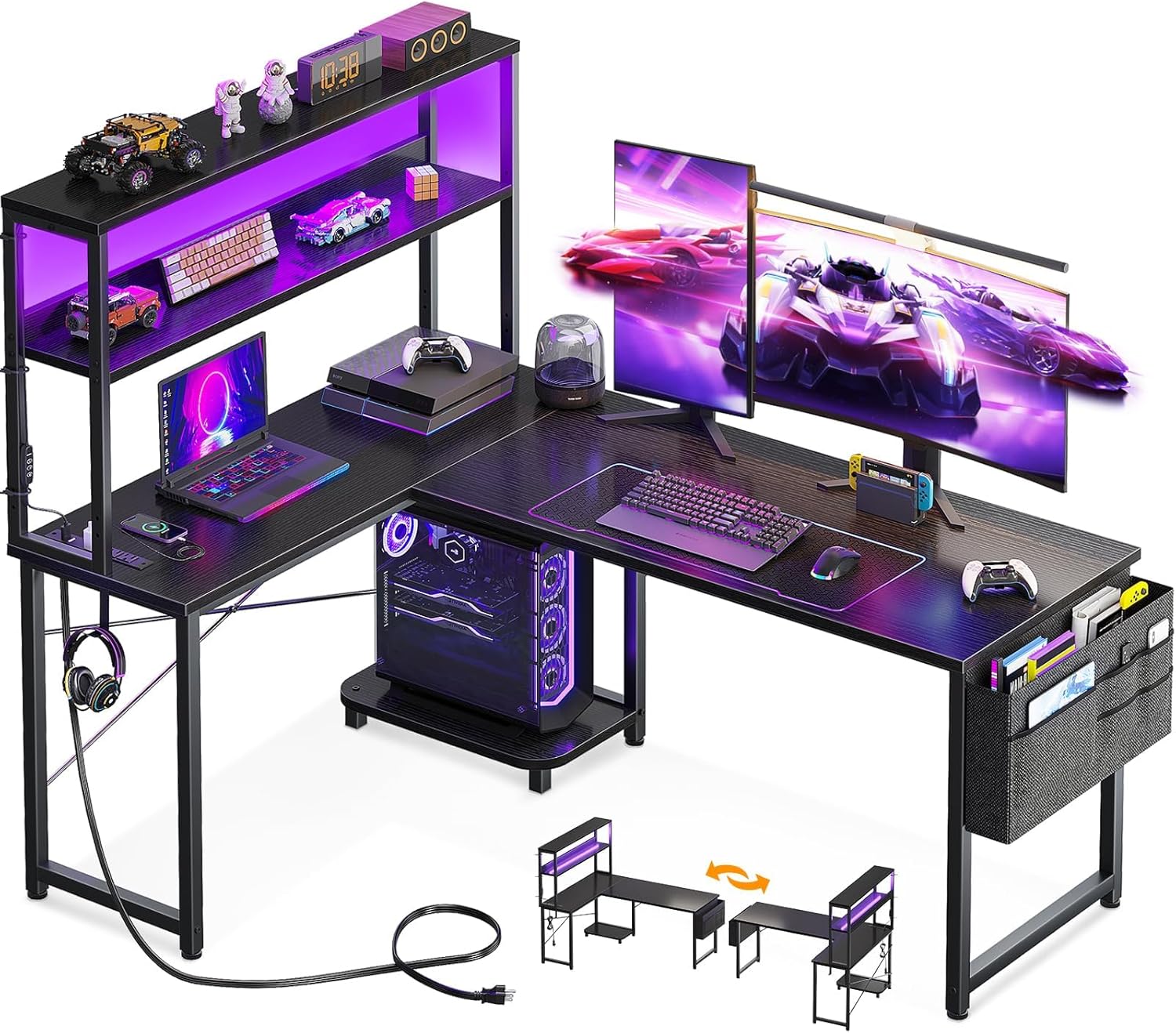 AODK L-Shaped Gaming Desk with LED Lights and Power Outlet
