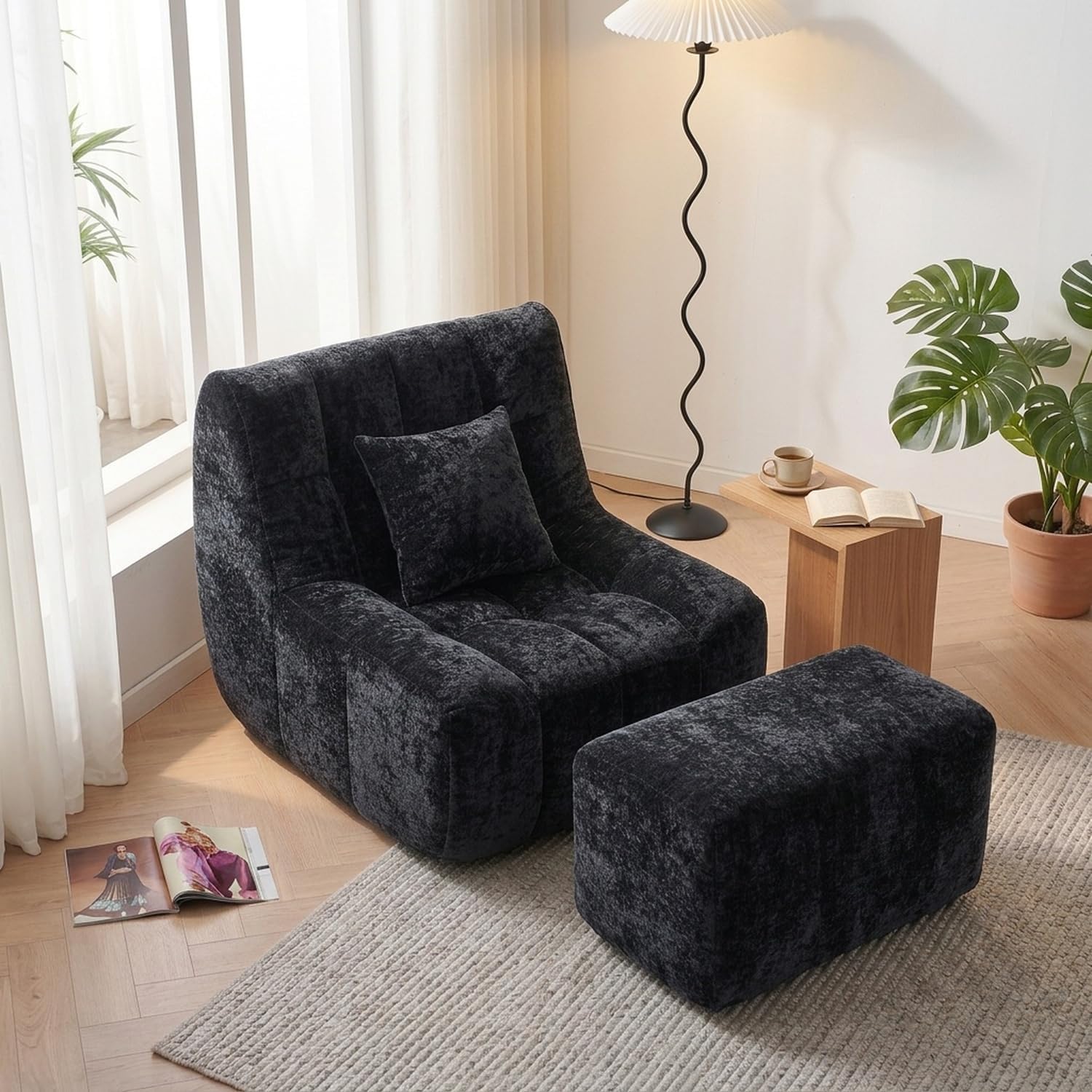 Bean Bag Lounge Chair with Footrest, Integrated Foam Core, Soft Velvet