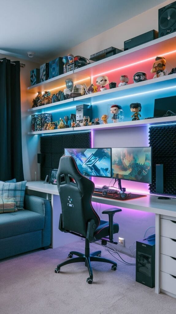 Shelves of collectible figures backlit with orange and blue LED strip lighting above a dual monitor gaming desk with a black gaming chair