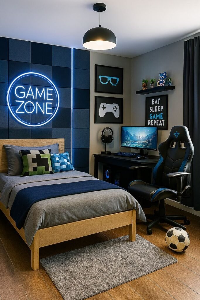 Clean navy and gray gaming bedroom with a glowing neon circle sign on a padded accent wall above a corner desk and gaming chair
