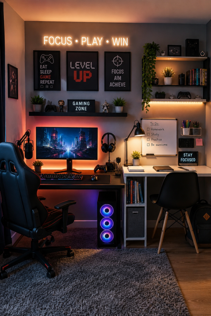 Gaming desk setup with motivational wall signs, a to-do whiteboard and a separate study desk area beside a gaming chair and RGB PC tower