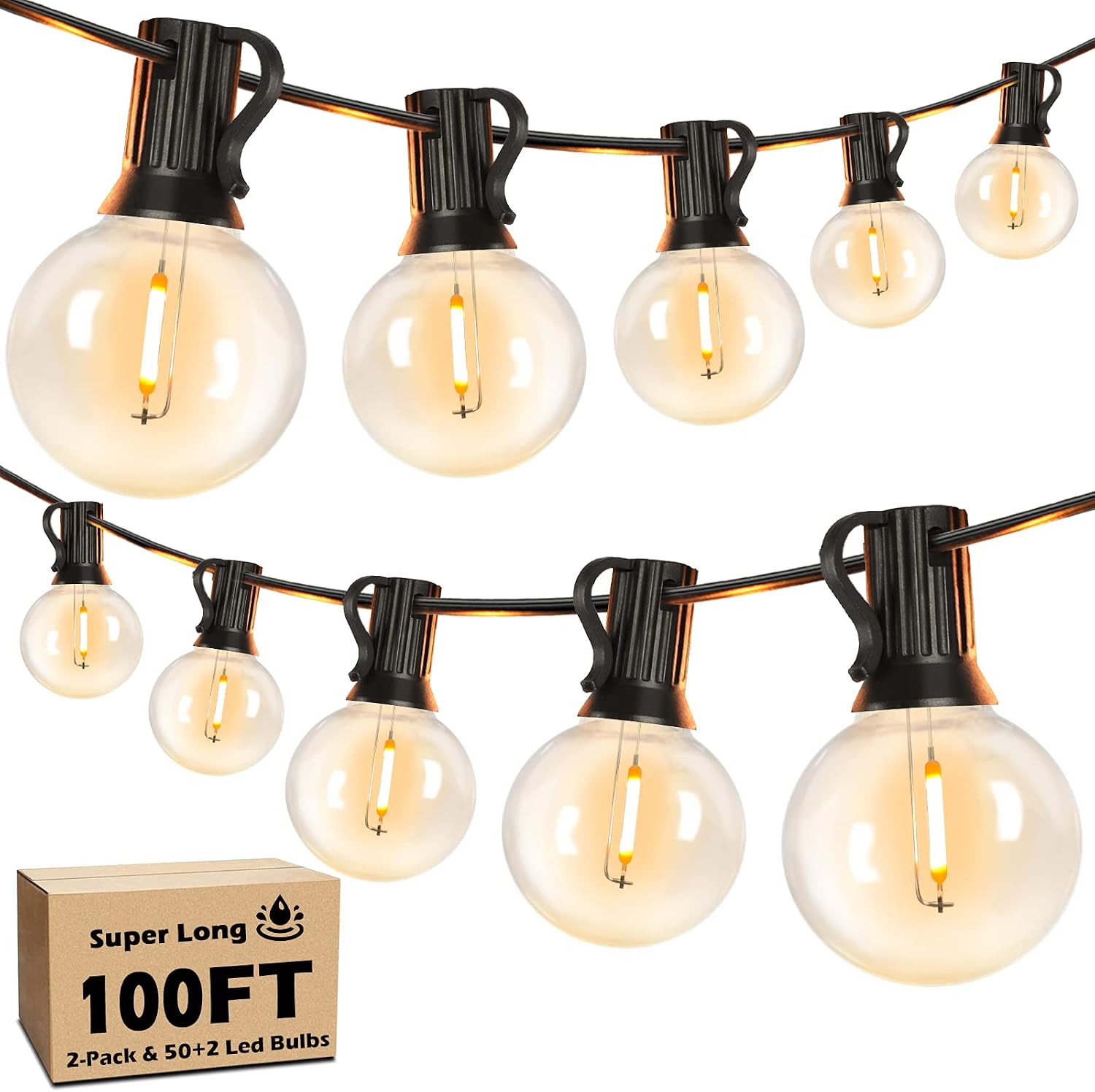 100 Ft LED Outdoor String Lights, 2 Pack, G40 Shatterproof Globe Bulbs, Dimmable