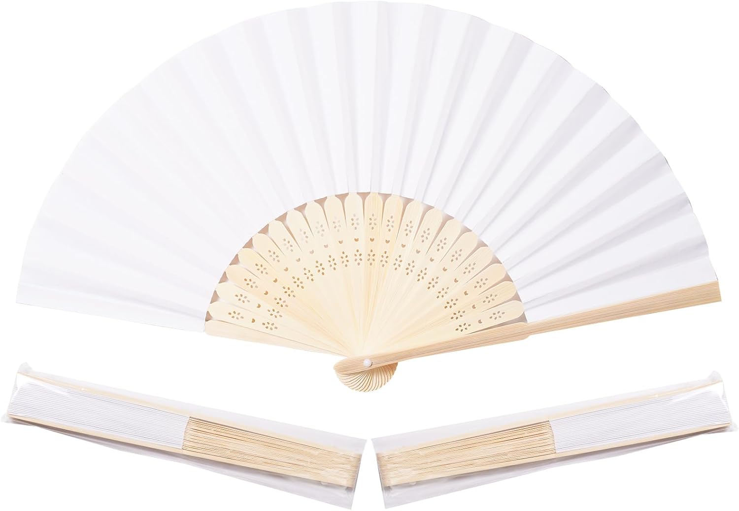 Sepwedd White Paper Hand Fans with Bamboo, 50 Pcs, Folding