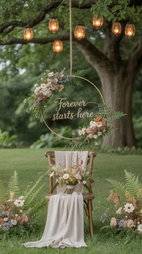 Simple, natural decor complementing a garden wedding's existing greenery