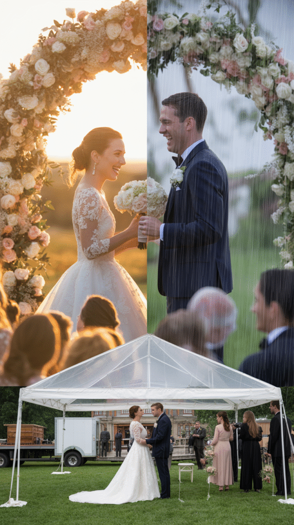 A solid backup plan protecting a garden wedding from bad weather