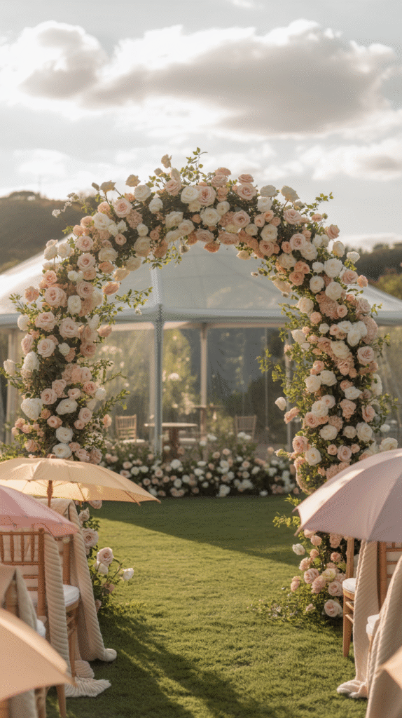 A weatherproofed garden wedding setup ready for any forecast