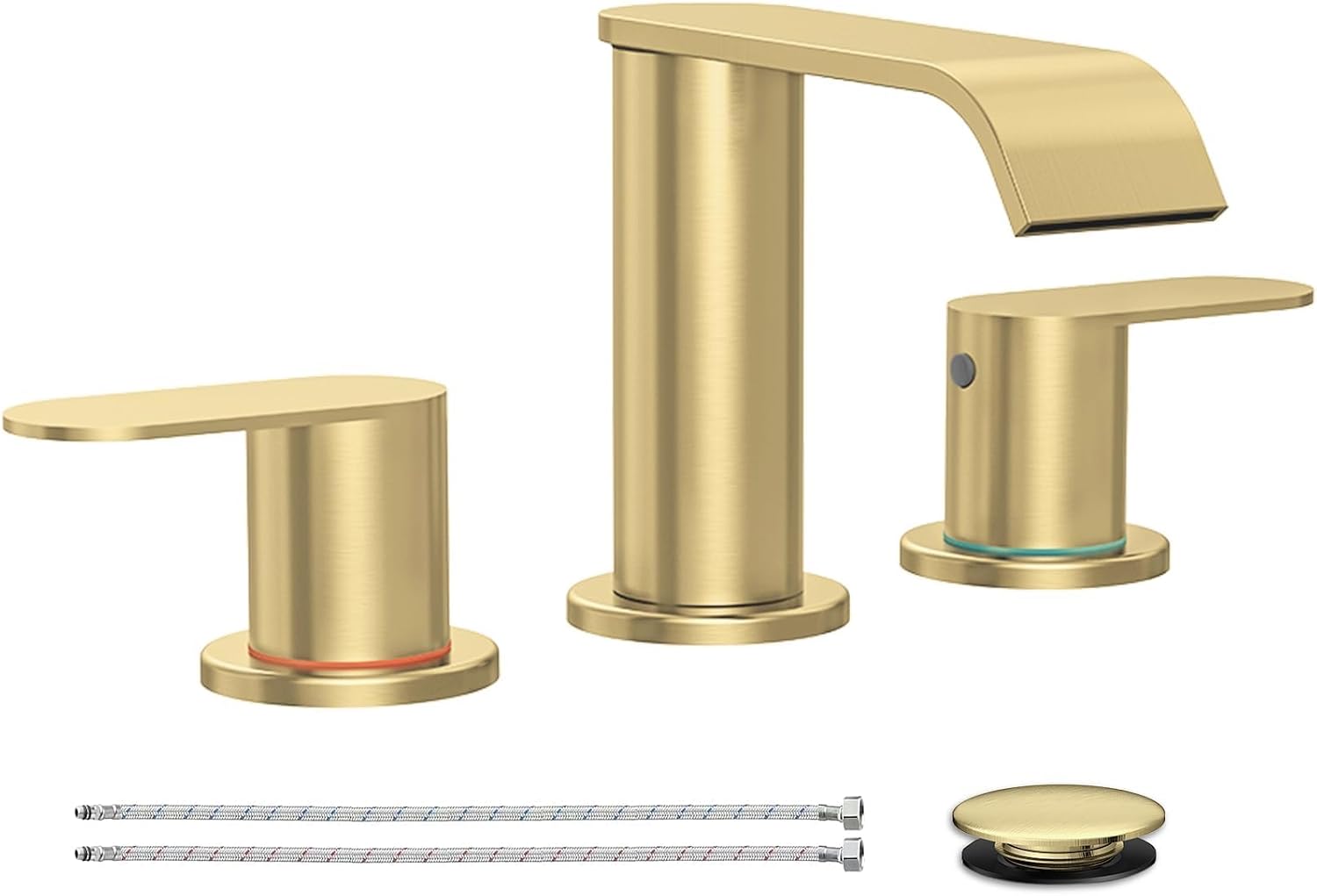 Brushed Gold Bathroom Faucet, 3 Hole, 8 Inch Widespread, Waterfall