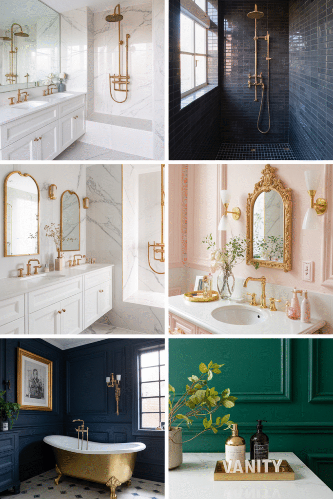 Gold paired with complementary colors in a stylish bathroom
