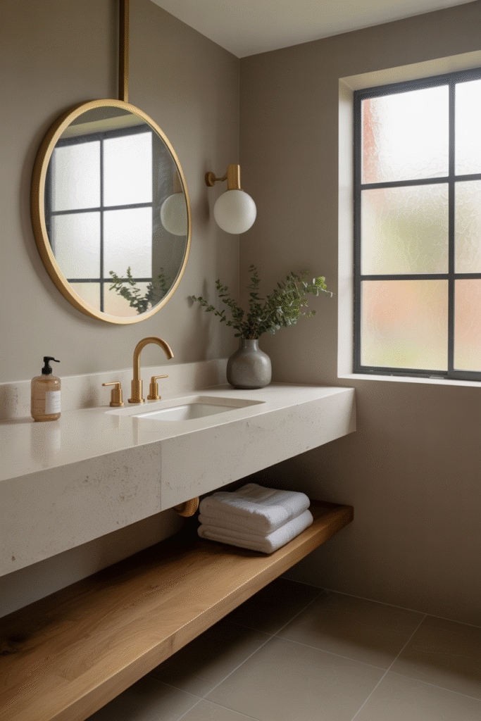 Balanced gold accents avoiding an overdone bathroom look